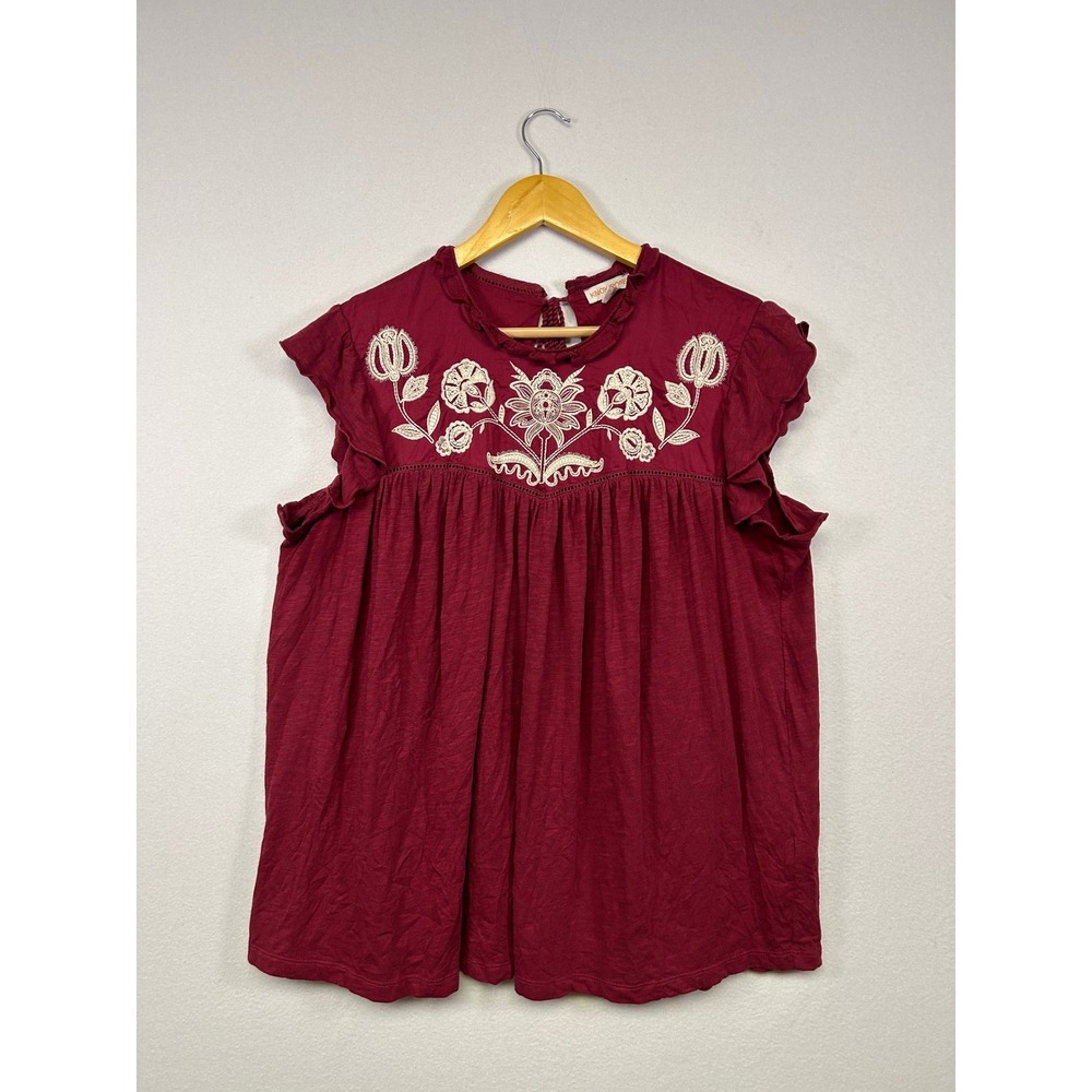 Boho Cottagecore Knox Rose Womens XL Burgundy Embroidered Flutter Sleeve Top